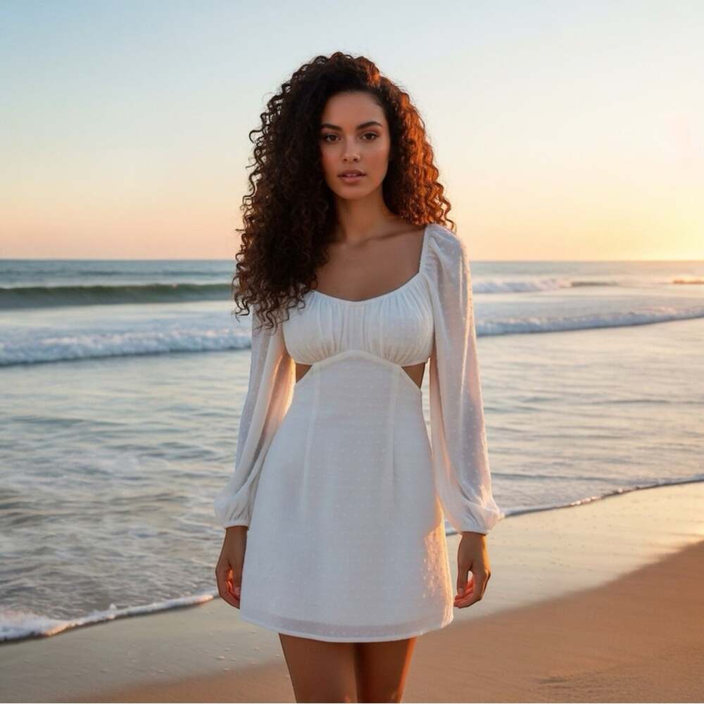 NWT Revolve Rumer Delilah Long Sleeve Beach Mini Dress Clip Dot White Small